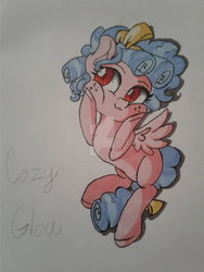 Size: 774x1032 | Tagged: safe, artist:melobeat, cozy glow, pony, g4, female, obtrusive watermark, solo, traditional art, watermark