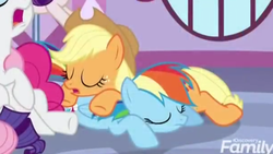 Size: 1280x720 | Tagged: safe, screencap, applejack, pinkie pie, rainbow dash, rarity, earth pony, pegasus, pony, g4, she's all yak, butt pillow, butt touch, cropped, discovery family logo, eyes closed, female, hoof on butt, mare, pony pile, sleeping