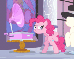 Size: 500x400 | Tagged: safe, screencap, pinkie pie, earth pony, pony, a canterlot wedding, g4, :p, animated, bipedal, chicken dance, cropped, female, hat, mannequin, mare, perfect loop, phonograph, solo, stained glass, tongue out, top hat