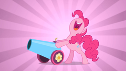 Size: 1280x720 | Tagged: safe, screencap, pinkie pie, earth pony, pony, g4, sweet and elite, female, happy, mare, party cannon, smiling, solo, sunburst background, wide grin