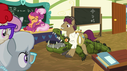 Size: 1920x1080 | Tagged: safe, screencap, cheerilee, scootaloo, silver spoon, snap shutter, sweetie belle, twist, cragadile, crocodile, earth pony, pegasus, pony, g4, the last crusade, female, male, mare, ponyville schoolhouse, stallion