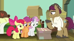 Size: 1920x1080 | Tagged: safe, screencap, apple bloom, scootaloo, snap shutter, sweetie belle, earth pony, pony, g4, the last crusade, box, cutie mark crusaders, female, filly, foal, male, photo, stallion
