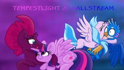 Size: 1192x670 | Tagged: safe, artist:ejlightning007arts, gallus, silverstream, tempest shadow, twilight sparkle, alicorn, classical hippogriff, griffon, hippogriff, pony, g4, broken horn, cuddling, cute, diastreamies, female, gallabetes, horn, hug, jewelry, lesbian, male, mare, necklace, ship:gallstream, ship:tempestlight, shipping, straight, tempestbetes, text, twiabetes, twilight sparkle (alicorn), wallpaper