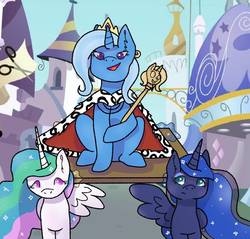 Size: 915x873 | Tagged: safe, artist:eyefrog, princess celestia, princess luna, trixie, pony, g4, cape, clothes, crown, jewelry, levitation, magic, regalia, scepter, telekinesis, usurpation