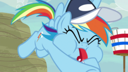 Size: 1920x1080 | Tagged: safe, screencap, rainbow dash, pegasus, pony, common ground, g4, blowing, blowing whistle, coach rainbow dash, female, mare, puffy cheeks, solo, whistle
