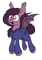 Size: 916x1300 | Tagged: safe, artist:moonatik, oc, oc only, oc:pocarona, bat pony, pony, bat pony oc, bat wings, clothes, cutie mark on clothes, fangs, male, ponytail, simple background, stallion, tail bun, white background, wings, wrench