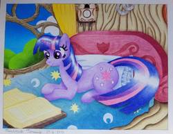 Size: 1017x786 | Tagged: safe, artist:maximustimaeus, twilight sparkle, pony, unicorn, g4, bed, book, clock, colored pencil drawing, female, golden oaks library, horseshoes, pillow, traditional art