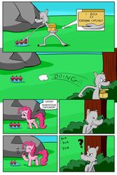 Size: 1024x1536 | Tagged: safe, artist:cartoon-eric, pinkie pie, oc, oc:fred wolfbane, comic:pink. it's what's for dinner, g4, box, comic, cupcake, food, no sell, nom