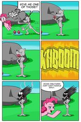 Size: 1024x1536 | Tagged: safe, artist:cartoon-eric, pinkie pie, oc, oc:fred wolfbane, comic:pink. it's what's for dinner, g4, comic, cupcake, explosion, food