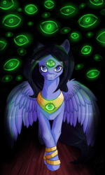 Size: 692x1154 | Tagged: safe, artist:whitenoiseghost, oc, oc:eigii, pegasus, pony, bracelet, evil smile, eyes do not belong there, female, grin, jewelry, looking at you, mare, peytral, smiling, spread wings, third eye, three eyes, wings