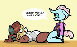 Size: 990x602 | Tagged: safe, artist:toonbat, ocellus, yona, changedling, changeling, yak, anthro, unguligrade anthro, g4, armpits, bow, breasts, busty ocellus, busty yona, clothes, cloven hooves, comic panel, duo, female, hair bow, leotard, monkey swings, sit-ups, tongue out