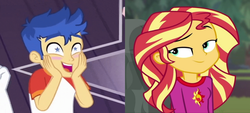 Size: 1080x488 | Tagged: safe, edit, screencap, flash sentry, sunset shimmer, equestria girls, equestria girls specials, g4, my little pony equestria girls: choose your own ending, my little pony equestria girls: spring breakdown, wake up!, wake up!: rainbow dash, cropped, female, male, ship:flashimmer, shipping, straight