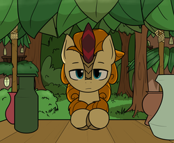 Size: 2256x1857 | Tagged: safe, artist:alexi148, autumn afternoon, kirin, g4, bush, cloven hooves, kirin village, leaves, looking at you, male, solo, store, tree, vase