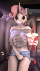 Size: 2160x3840 | Tagged: source needed, safe, artist:renaclock, sweetie belle, anthro, g4, 3d, 3d model, belly button, big breasts, breasts, busty sweetie belle, car, car interior, clothes, desperation, female, high res, midriff, need to pee, older, older sweetie belle, omorashi, potty emergency, potty time, shorts, soda, solo