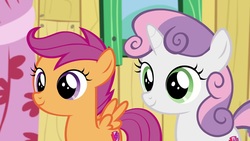 Size: 1920x1080 | Tagged: safe, screencap, scootaloo, sweetie belle, pegasus, pony, unicorn, g4, the last crusade, clubhouse, crusaders clubhouse, curtains, female, filly, foal, window