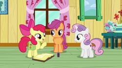 Size: 1920x1080 | Tagged: safe, screencap, apple bloom, scootaloo, sweetie belle, g4, the last crusade, candy, candy bowl, clubhouse, cutie mark crusaders, food, potion, prune juice, table, window