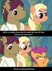 Size: 1220x1664 | Tagged: safe, edit, edited screencap, editor:fluttershyisnot adoormat, screencap, scootaloo, earth pony, pegasus, pony, g4, the last crusade, engrish, female, filly, male, mare, meme, misspelling, stallion, trio