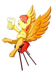 Size: 1720x2344 | Tagged: safe, artist:noxi1_48, oc, oc only, oc:tonyretro, pegasus, pony, cider, digital art, eyes closed, fluffy, happy, simple background, smiling, solo, spread wings, stool, white background, wings