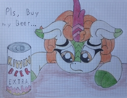 Size: 3889x3005 | Tagged: safe, artist:juani236, autumn blaze, kirin, g4, alcohol, beer, can, female, floppy ears, frown, graph paper, high res, kirin beer, leaning, lidded eyes, looking down, pls, sad, solo, table, text, traditional art