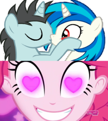 Size: 852x954 | Tagged: safe, artist:mlpfan3991, edit, edited screencap, screencap, dj pon-3, neon lights, pinkie pie, rising star, vinyl scratch, human, pony, coinky-dink world, equestria girls, equestria girls series, g4, my little pony equestria girls: summertime shorts, female, heart, heart eyes, male, meme, pinkie's eyes, ship:vinylights, shipping, straight, wingding eyes, wrong eye color