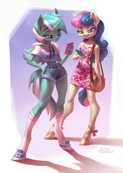 Size: 2067x2894 | Tagged: dead source, safe, artist:holivi, bon bon, lyra heartstrings, sweetie drops, earth pony, unicorn, anthro, unguligrade anthro, g4, beautiful, beautisexy, booty shorts, cellphone, clothes, denim shorts, dress, duo, duo female, female, hand on hip, handbag, happy, high res, hoodie, kneesocks, legs, lidded eyes, mare, midriff, open mouth, phone, purse, sandals, sexy, shoes, short shirt, short-sleeved hoodie, shorts, smartphone, smiling, smug, sneakers, socks, tail