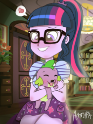 Size: 1800x2400 | Tagged: safe, artist:artmlpk, sci-twi, spike, spike the regular dog, twilight sparkle, dog, equestria girls, g4, my little pony equestria girls: better together, bedroom, blushing, cute, fanart, female, glasses, heart, male, sci-twi's room, spikabetes, spikelove, twiabetes