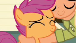 Size: 1920x1080 | Tagged: safe, screencap, mane allgood, scootaloo, snap shutter, earth pony, pegasus, pony, g4, the last crusade, animated, female, gif, hat, hug, like mother like daughter, like parent like child, mother and daughter, scootalove, unshorn fetlocks