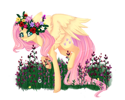 Size: 2052x1636 | Tagged: safe, artist:rrimia, fluttershy, pegasus, pony, g4, cheek fluff, colored hooves, cute, female, floral head wreath, flower, lavender, leg fluff, looking at you, looking sideways, mare, outdoors, raised hoof, raised leg, shyabetes, simple background, solo, spread wings, three quarter view, white background, wings