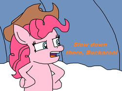 Size: 1032x772 | Tagged: safe, alternate version, artist:logan jones, pinkie pie, earth pony, pony, g4, applejack's hat, bipedal, buckaroo, cowboy, cowboy hat, cowgirl, hat, hooves on hips, ponified meme, reaction image, sandy's treedome, slow down, snow, spongebob squarepants, survival of the idiots, western