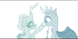 Size: 725x363 | Tagged: safe, artist:sintakhra, gallus, ocellus, changedling, changeling, griffon, tumblr:studentsix, g4, boop, chest fluff, cropped, cute, diaocelles, female, gallabetes, happy, male, wings