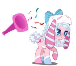 Size: 962x831 | Tagged: safe, artist:gihhbloonde, artist:meimisuki, oc, oc only, earth pony, pony, adoptable, bow, eyeshadow, female, freckles, hair bow, hat, makeup, mare, markings, next generation, offspring, parent:party favor, parent:pinkie pie, parents:partypie, party horn, raised hoof, simple background, solo, transparent background