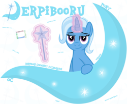Size: 3400x2800 | Tagged: safe, artist:devfield, derpibooru exclusive, trixie, pony, unicorn, derpibooru, g4, 2019, bipedal, bipedal leaning, cutie mark, cutie mark background, female, glowing, glowing horn, high res, horn, leaning, logo, looking at you, magic, magic aura, magic wand, meta, simple background, smug, solo, telekinesis, text, transparent background, two toned mane