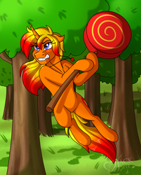 Size: 2900x3600 | Tagged: safe, artist:jack-pie, oc, oc only, oc:sugar rush, pony, unicorn, candy, commission, female, food, forest, grass, high res, lollipop, scenery, solo