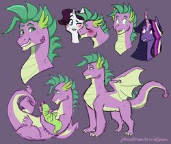 Size: 1024x864 | Tagged: safe, artist:minnobyy, rarity, spike, twilight sparkle, oc, oc:serpentine, dracony, dragon, hybrid, g4, father and daughter, female, interspecies offspring, male, offspring, older, older spike, parent:rarity, parent:spike, parents:sparity, purple background, ship:sparity, shipping, simple background, straight, winged spike, wings
