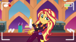Size: 1920x1080 | Tagged: safe, sunset shimmer, equestria girls, g4, how to backstage, my little pony equestria girls: better together, camera shot, clothes, cutie mark on clothes, female, socks, solo