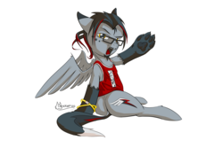 Size: 6000x4000 | Tagged: safe, alternate version, artist:madgehog, color edit, oc, pegasus, pony, butt, colored, glasses, happy, looking at you, male, paw pads, paws, plot, simple background, stallion, underpaw, white background, wings