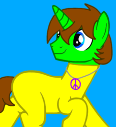 Size: 400x438 | Tagged: safe, artist:angrybeavers1997, oc, oc only, oc:ryan, pony, unicorn, bodysuit, catsuit, hippie, jewelry, latex, latex suit, male, necklace, peace suit, peace symbol, permanent, rubber suit, solo