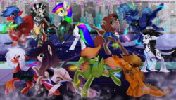 Size: 5469x3125 | Tagged: safe, artist:brainiac, oc, oc only, oc:steel mist, pony, bottomless, clothes, glowstick, group photo, group shot, partial nudity, rave, ych result