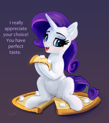 Size: 2311x2609 | Tagged: safe, artist:xbi, rarity, pony, unicorn, g4, dialogue, female, food, gradient background, high res, mare, marshmallow, pizza, ponies in food, rarity is a marshmallow, solo