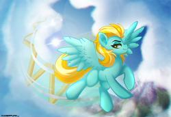 Size: 1024x702 | Tagged: safe, artist:ciderpunk, lightning dust, pegasus, pony, g4, cloud, female, flying, mare, mountain, scenery, sky, solo