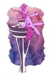 Size: 730x1095 | Tagged: safe, artist:rainspeak, berry punch, berryshine, earth pony, pony, g4, alcohol, drunk, female, go home you're drunk, seattle, solo, space needle, this will end in death