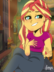 Size: 1800x2400 | Tagged: safe, artist:artmlpk, sunset shimmer, equestria girls, g4, bedroom, blushing, cute, female, grin, peace sign, shimmerbetes, smiling, solo