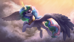 Size: 3000x1700 | Tagged: safe, alternate version, artist:vanillaghosties, princess celestia, alicorn, pony, g4, crown, female, flying, glowing horn, hooves, horn, jewelry, mare, regalia, solo