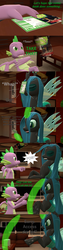 Size: 1920x7560 | Tagged: safe, artist:papadragon69, queen chrysalis, spike, changeling, changeling queen, dragon, comic:spike's cyosa, g4, 3d, changeling magic, comic, comic book, crystal empire, cyoa, female, fight, male, older, older spike, punch, shield, source filmmaker, teenage spike, teenager, throwing, winged spike, wings