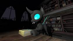 Size: 1192x670 | Tagged: safe, artist:kayman13, thorax, changeling, g4, 3d, book, holding book, library, looking down, source filmmaker