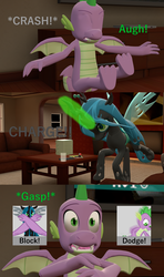 Size: 1920x3240 | Tagged: safe, artist:papadragon69, queen chrysalis, spike, changeling, changeling queen, dragon, comic:spike's cyosa, g4, 3d, changeling magic, charge, choice, comic, comic book, crystal empire, cyoa, dodge, female, fight, male, older, older spike, source filmmaker, teenage spike, teenager, winged spike, wings