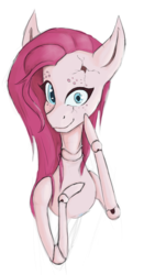 Size: 933x1783 | Tagged: safe, artist:laptopdj, pinkie pie, earth pony, pony, g4, ball jointed doll, brittle, delicate, eye contact, eye is broken, female, fragile, freckles, looking at each other, looking at someone, looking at you, pink, pink hair, porcelain, seems legit, solo