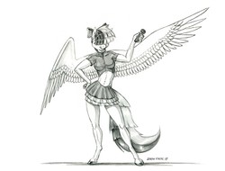 Size: 1400x1064 | Tagged: safe, artist:baron engel, songbird serenade, pegasus, anthro, unguligrade anthro, g4, my little pony: the movie, bow, clothes, female, grayscale, hair bow, hair over eyes, legs, mare, microphone, midriff, miniskirt, monochrome, pencil drawing, simple background, sketch, skirt, solo, traditional art, white background