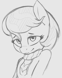 Size: 590x736 | Tagged: safe, artist:tre, auntie lofty, earth pony, semi-anthro, g4, the last crusade, anatomically incorrect, bust, clothes, cute, female, grayscale, human shoulders, lineart, mare, monochrome, scarf, solo