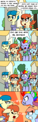 Size: 750x2400 | Tagged: safe, artist:bjdazzle, aunt holiday, auntie lofty, bow hothoof, windy whistles, earth pony, pegasus, pony, season 9 retirement party, g4, the last crusade, alternate scenario, clothes, comic, discussion in the comments, ear piercing, earring, exclamation point, female, glare, hat, implied scootaloo, jewelry, lesbian, male, mare, nudge, piercing, polo shirt, ponyville, scarf, scootaloo fanclub, ship:lofty day, ship:windyhoof, shipping, shirt, snorting, stallion, stare down, straight, stubble, sunburst background, sweater, teasing, this means war, this will end in tears, uh oh, vest